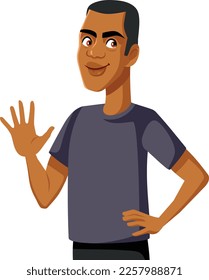 
Man Counting Showing Five Fingers Vector Cartoon Illustration. Happy smiling guy raising his palm for high five gesture
