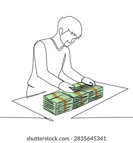 Man counting stacks of money on desk drawn in continuous line art style with green color accents. Minimalist business cash concept isolated on white background