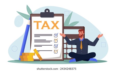 Man counting taxes fees. Businessman and entrereneur near golden coins and calculator. Financial literacy, budgeting and accounting. Cartoon flat vector illustration isolated on white background