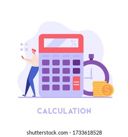 Man counts on a calculator. Financial administration. Concept of financial management, optimization, duty, financial accounting. Vector illustration in flat design for UI, banner, mobile app