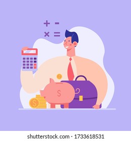 Man counts on a calculator. Financial administration. Concept of financial management, optimization, duty, financial accounting. Vector illustration in flat design for UI, banner, mobile app