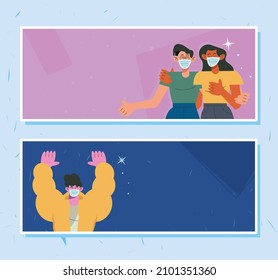 man and coupel wearing facemasks characters