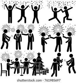 Man, Couple, Group Celebration Poses & Gesture & Emotions. Christmas & Success Concept. Vector Illustration