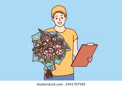 Man courier with bouquet of flowers and clipboard holds roses to screen while presenting gift. Guy from flower delivery service gives gift bouquet for birthday or relationship anniversary