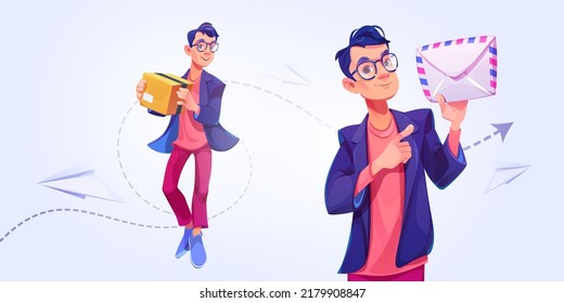 Man courier with box and letter. Concept of post and delivery service. Vector cartoon illustration of deliver worker or postman hold order and paper envelope