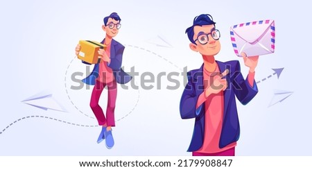 Man courier with box and letter. Concept of post and delivery service. Vector cartoon illustration of deliver worker or postman hold order and paper envelope