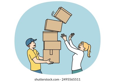 Man courier carries stack of boxes and drops one of parcels standing near woman recipient of order. Clumsy courier risks spoiling goods during delivery due to lack of professionalism