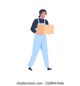 Man courier carrying carton box. Loader going, holding cardboard. Mover in uniform from delivery and relocation service. Flat vector illustration of person worker isolated on white background