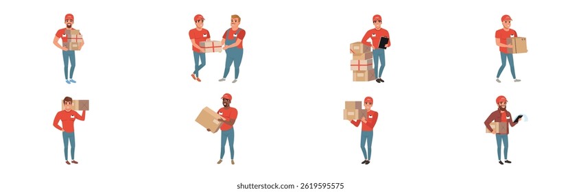 Man Courier Character in Uniform and Cap Delivery Parcel and Box Vector Set