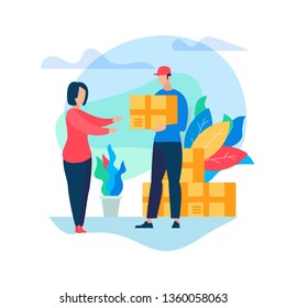 Man Courier Deliver Box Parcel to Young Woman Consumer Character to Home. Shopping, E- Commerce, Online Trading. Fast Internet Modern Technology. Express Delivery Cartoon Flat Vector Illustration