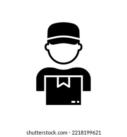 Man Courier Deliver Package Silhouette Icon. Delivery Worker Holding Parcel Box with Products in Hand Glyph Pictogram. Guy Postman in Cap Sign. Shipment Symbol. Isolated Vector Illustration.