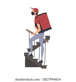 Man Courier Delivering Food to Customer Climbing Stairs, Food Express Delivery Service Cartoon Style Vector Illustration