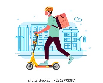 Man Courier delivery service shipping package ride electric scooter with GPS through town flat vector illustration. 