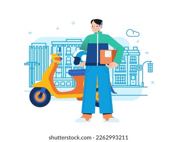 Man Courier delivery service shipping package ride scooter with through town flat vector illustration. 