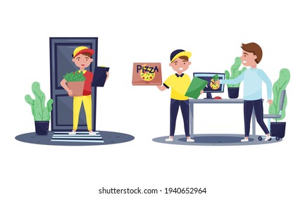 Man Courier Distributing Pizza and Grocery Goods to Customers as Online Food Delivery Service Vector Set