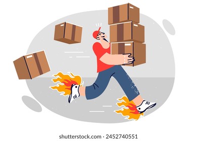 Man courier from express delivery company runs with cardboard boxes in hurry to delivery order to client. Express logistics and transportation of goods to satisfy consumers from online store