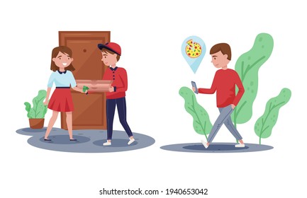 Man Courier Handing Pizza Box to Customer as Online Food Delivery Service Vector Set