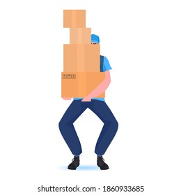 man courier holding cardboard boxes black friday sale express delivery service concept full length vector illustration