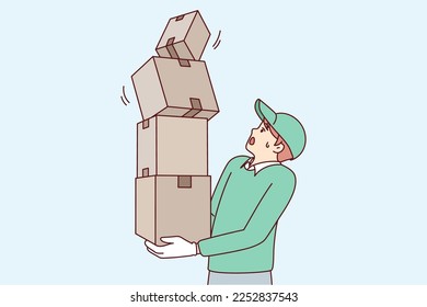 Man courier holds several boxes as he looks frightened at falling package. Sloppy delivery guy drops orders during loading or transportation, risking damage to goods. Flat vector illustration