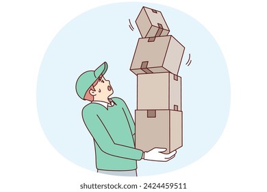 Man courier holds several boxes as he looks frightened at falling package. Sloppy delivery guy drops orders during loading or transportation, risking damage to goods. Flat vector illustration