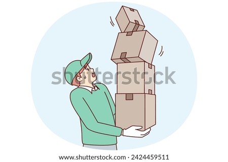 Man courier holds several boxes as he looks frightened at falling package. Sloppy delivery guy drops orders during loading or transportation, risking damage to goods. Flat vector illustration