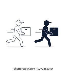 Man courier in a hurry to deliver a package, Vector isolated icon set for shipping service logistics. Delivery concept.