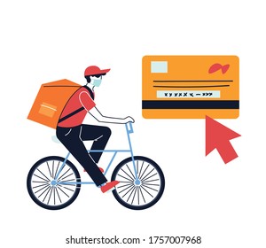 man courier with mask on card delivery vector illustration desing