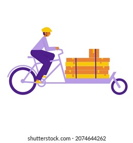 Man courier on a cargo long john bike with big heavy long boxes. Bicycle delivery man carrying package. Ecological city transport. Flat vector illustration