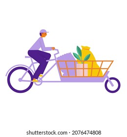 Man courier on a cargo long john bike with heavy shipment. Bicycle delivery man carrying plant and bags for gardening. Ecological city transport. Flat vector illustration