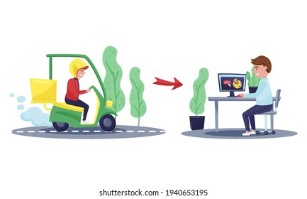 Man Courier on Motorcycle Distributing Goods to Customers as Online Food Delivery Service Vector Set