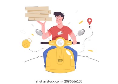Man courier on scooter with stack of pizza in boxes vector illustration. Delivery worker ride to receiver house flat style. Delivery concept