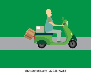 Man courier on scooter without helmet and losing one parcel