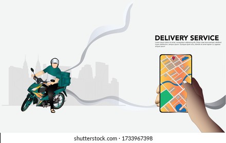man courier riding motorcycle with carrier box ready for food or goods delivery