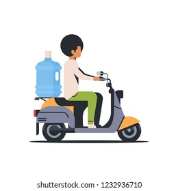 man courier riding scooter with big plastic water bottle fast delivery concept isolated flat vector illustration