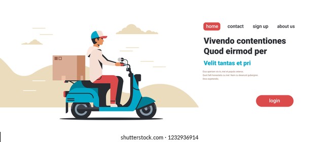 man courier riding scooter with parcel cardboard box fast delivery concept isolated flat horizontal copy space vector illustration