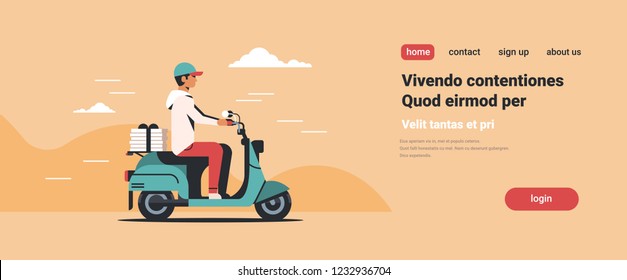 man courier riding scooter with pizza boxes fast food delivery service concept isolated flat horizontal copy space vector illustration