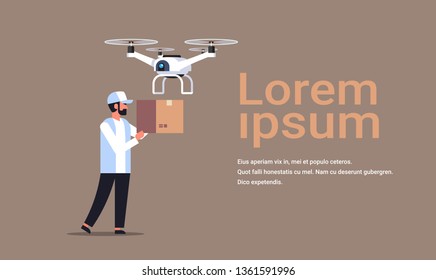 Man Courier Send Parcel Drone Air Delivery Modern Logistic System Fast Shipping Concept Cargo Copter Mail Service Horizontal Copy Space