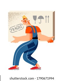 Man courier in uniform carrying fragile cardboard box, person isolated on white background. Loader holding package. Vector character illustration of delivery service, home moving, online shopping