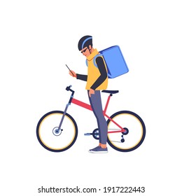 Man courier using a map app on mobile phone to find the delivery address. Bicycle delivery food service at home. Courier Using Cellphone Delivering Food From Restaurants. Flat vector illustration