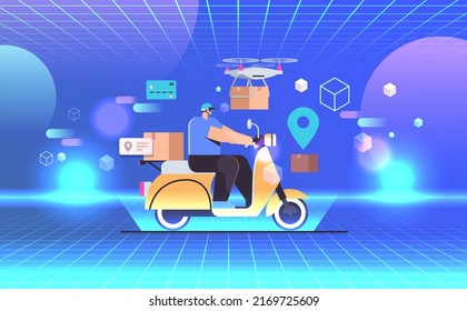 man courier in vr glasses riding scooter express delivery service virtual reality vision headset innovation metaverse