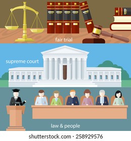 Man in court. Lawyer icons concept. Fair trial. Supreme court. Law and people. Concept in flat design style. Can be used for web banners, marketing and promotional materials, presentation templates