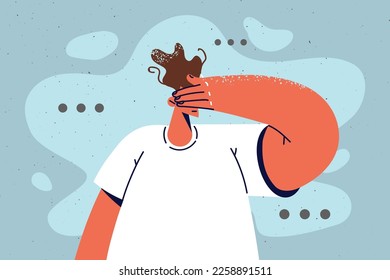 Man cover eyes with hand avoid seeing things. Distressed male close eyesight refuse to watch or observe something. Vector illustration. 