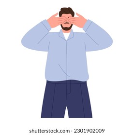 Man cover eyes with hand avoid seeing things. Flat vector illustration isolated on white background
