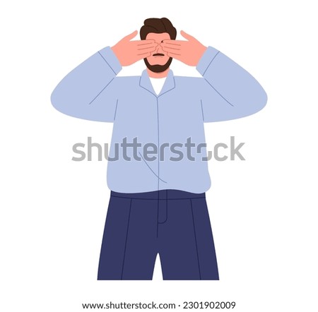 Man cover eyes with hand avoid seeing things. Flat vector illustration isolated on white background
