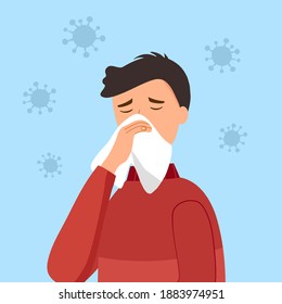 A man cover her sneeze with handkerchief vector illustration. Sneezing male with virus around. Season allergy.