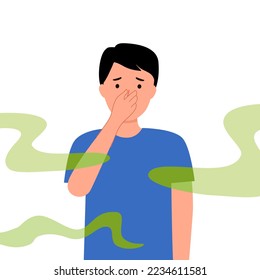 Man cover his nose from unpleasant smell in flat design on white background.