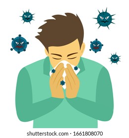 A man cover his sneeze with handkerchief vector illustration on white background. Sneezing man in green shirt with virus around. Covid-19 corona virus disease. Season allergy.