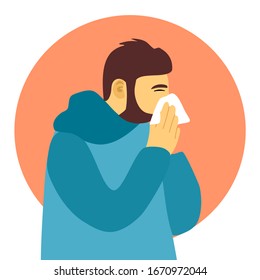 A man cover his sneeze with handkerchief vector illustration on white background. Sneezing man in side view. Sick man sneeze in flat design. Season allergy.