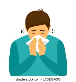 A man cover his sneeze with handkerchief vector illustration on white background. Sneezing man infected flu disease. Covid-19 coronavirus pandemic outbreak. Season allergy symptom.