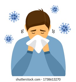 A man cover his sneeze with handkerchief vector illustration on white background. Sneezing man in blue t-shirt with virus cells around. Covid-19 coronavirus disease symptom. Season allergy.